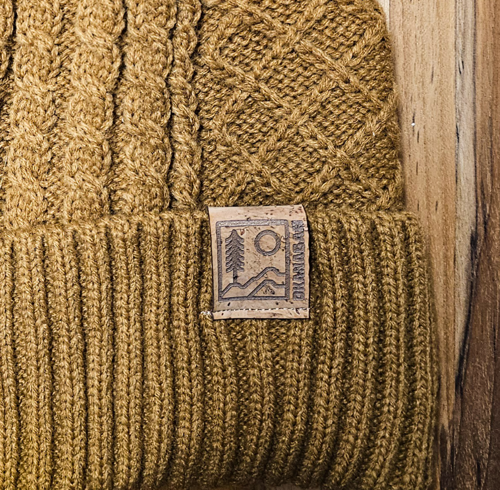 Okanagan Wild Cable Knit Toque with Faux Fur Pom and Cork Patch - Camel