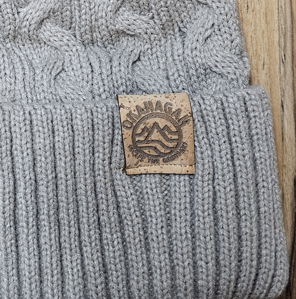 Okanagan Wave Cable Knit Toque in Oatmeal with Faux Fur Pom and Cork Patch - Republic West