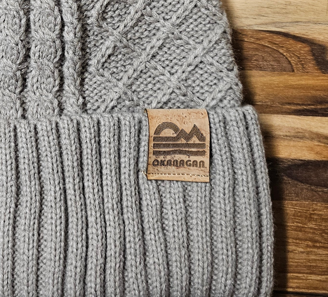 Okanagan Retro Cable Knit Toque with Faux Fur Pom and Cork Patch - Oatmeal