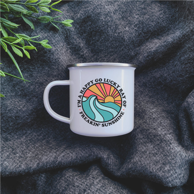 Camping Mug - Enamel Mug - Tin Mug Happy Go Lucky Camp Mug