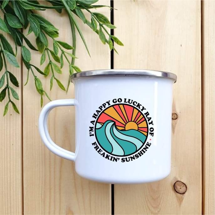 Camping Mug - Enamel Mug - Tin Mug Happy Go Lucky Camp Mug