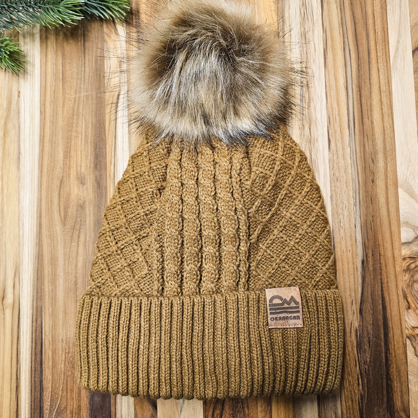 Okanagan Retro Cable Knit Toque with Faux Fur Pom and Cork Patch - Camel