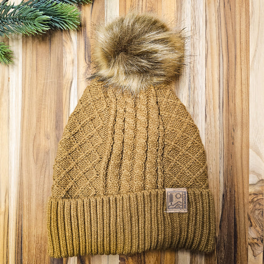 Okanagan Wild Cable Knit Toque with Faux Fur Pom and Cork Patch - Camel