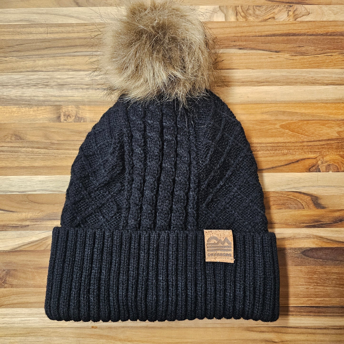 Okanagan Retro Cable Knit Toque with Faux Fur Pom and Cork Patch - Black