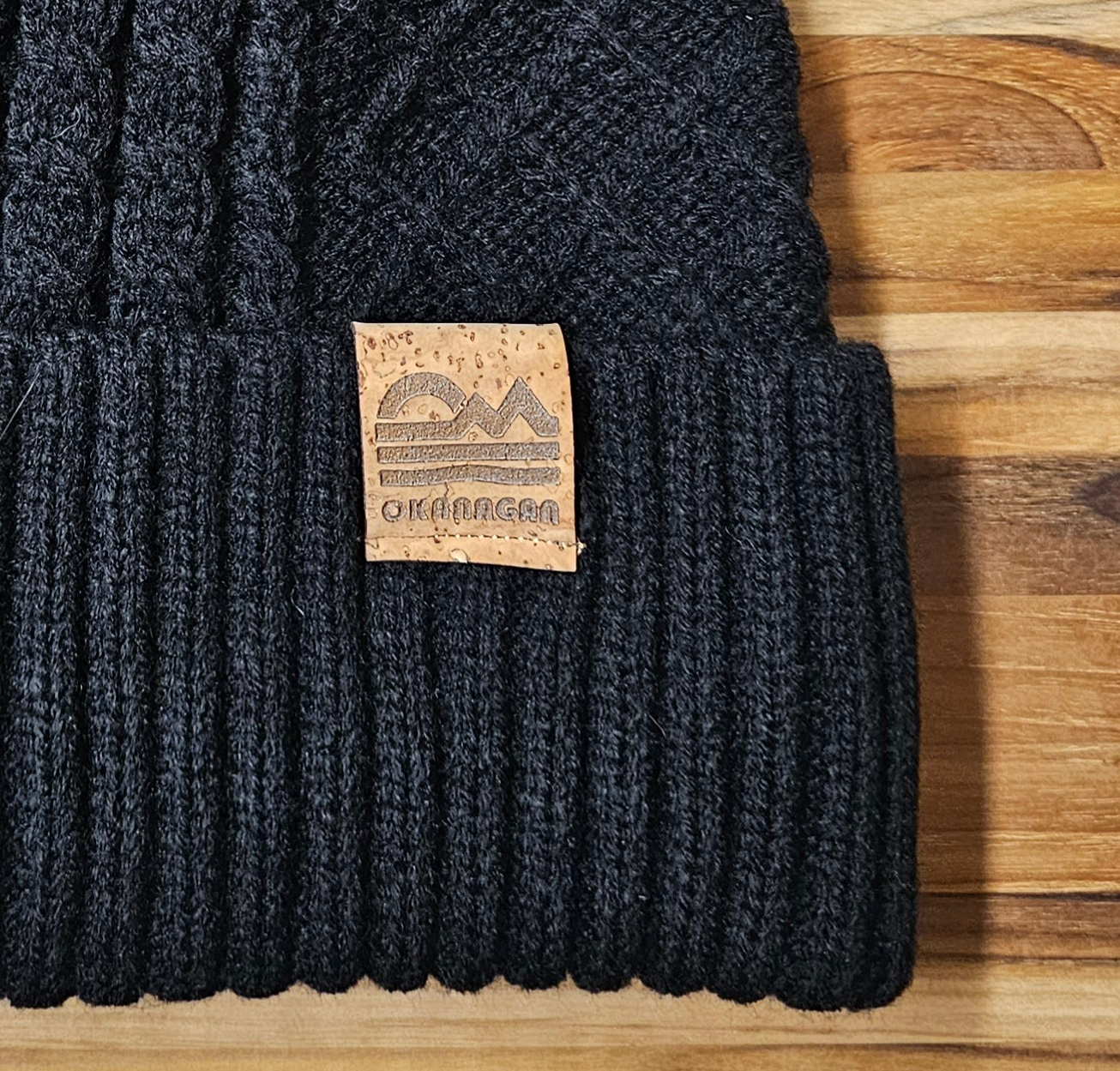 Okanagan Retro Cable Knit Toque with Faux Fur Pom and Cork Patch - Black