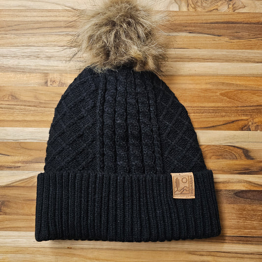 Okanagan Wild Cable Knit Toque with Faux Fur Pom and Cork Patch - Black