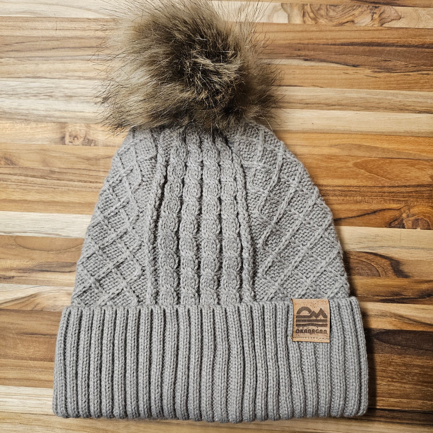 Okanagan Retro Cable Knit Toque with Faux Fur Pom and Cork Patch - Oatmeal