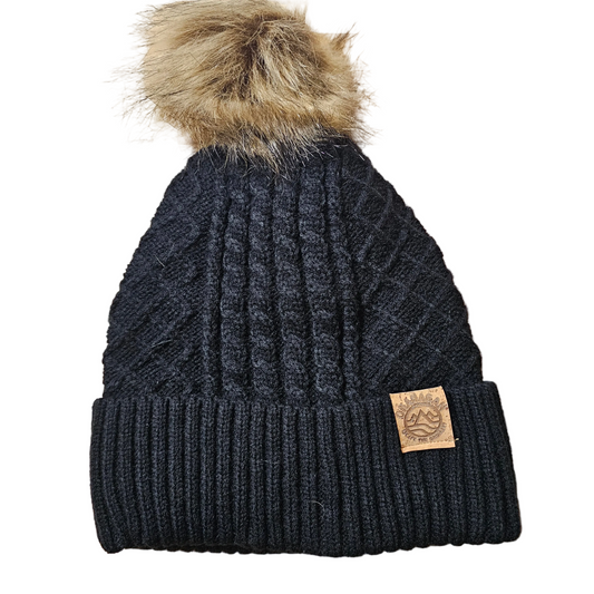 Okanagan Wave Cable Knit Toque with Faux Fur Pom and Cork Patch - Republic West